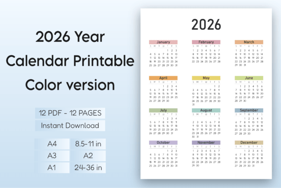 Download 2026 Year Calendar Printable – Color V - Year Collection