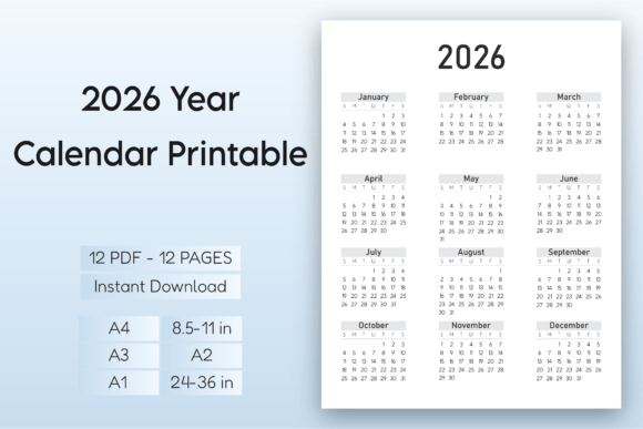 Download 2026 Year Calendar Printable – B&amp;W - Year Collection